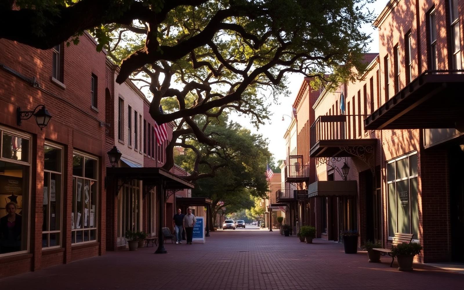 Historic downtown New Braunfels street with live oak trees